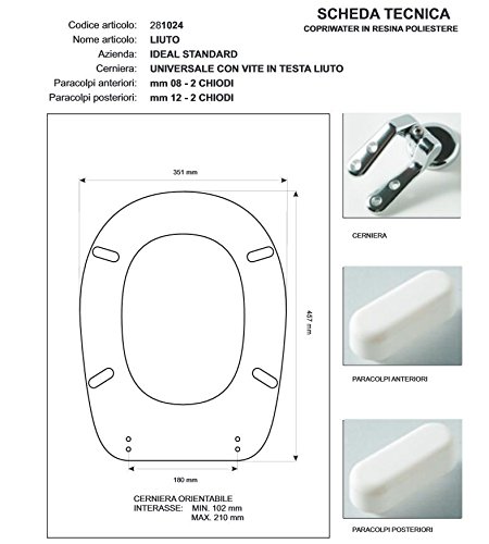 Copriwater Ideal Standard LIUTO Bianco - Cerniera Cromo, Sedile In Legno Rivestito, Qualità Italia - Foto 7