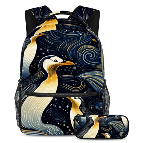 Sac d'école enfant pingouin multicolore avec trousse à crayons