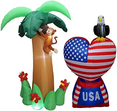 Two Party & Patriotic Party Decorations Bundle, Includes 6 Foot Tall Party Inflatable Palm Tree with Monkey Coconut and Flower, and 5 Foot Tall 4th of July Love Heart with American Flag and Eagle