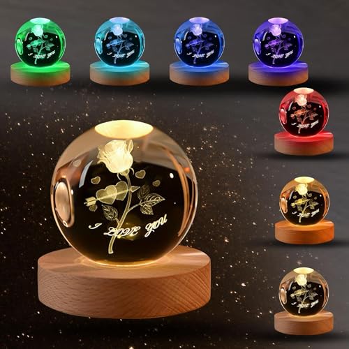 Image of STARKENDY3D Rose Crystal Ball LED Night Lamp, Creative Engraved Night Light Wooden Base, Warm White Decorative Table Lamp for Home, Office, Bedroom, Birthday Gift((Multicolour) with Remote)
