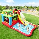 Aufblasbare Wasserrutsche Hüpfburg für Kinder, 2-in-1 Verbindbares Aufblasbares Trampolinburg-Set, Tolles Geschenk für die Gartenparty im Wasserpark, inklusive Gebläse (Verbindbare A)