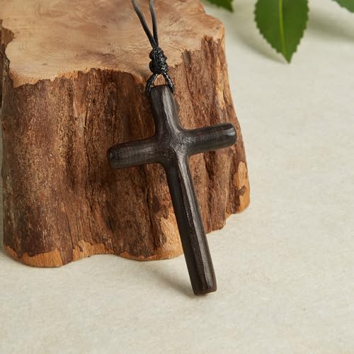Men's Wooden Cross Necklaces Real Handcrafted Ebony Wood Cross Pendants With Leather Necklaces Men's Black Cross Necklaces Christian Baptism Crucifix Pendant for Men2