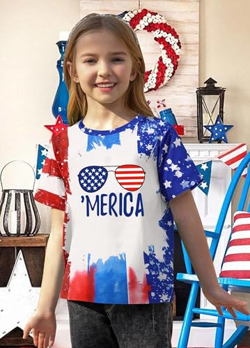 Image of CAZYCHILD Girls American Flag Patriotic Shirt Boys 4th of July Short Sleeves Tshirt USA Clothes for Kids 5-14Y