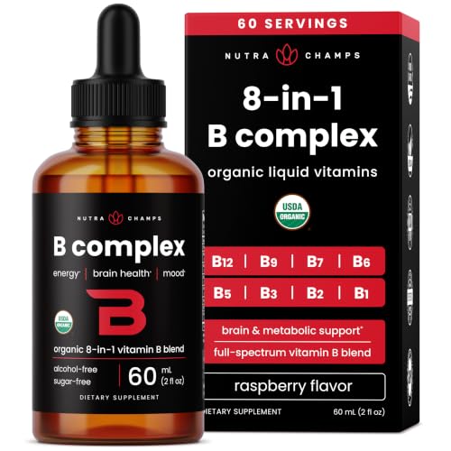USDA Organic Vitamin B Complex Liquid Drops Sublingual B12 Methylcobalamin - B1, B2, B3, B5, B6, B7, B9 - Methylated B Vitamins Complex for Women & Men - Biotin, Niacinamide, Folate & Folic Acid, 2oz