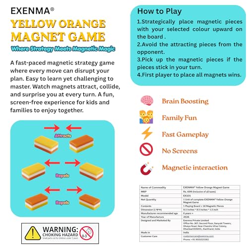 Image of Yellow Orange Magnet Game | Magnetic Strategy Board Game for Kids 6+ Teens & Adults | 2 Player Brain Logic Family Travel Game with 18 Dual-Color Magnetic Pieces & 8 Inch Board