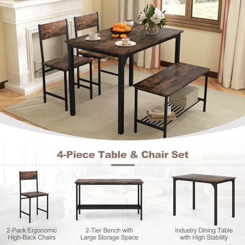 Image of Giantex Dining Table Set for 4, Kitchen Table with Bench and Chairs, Industrial Gathering Bench Dining Set W /Metal Frame & Storage Rack, Dinette Set, Modern Functional Desk Set (Rustic Brown)