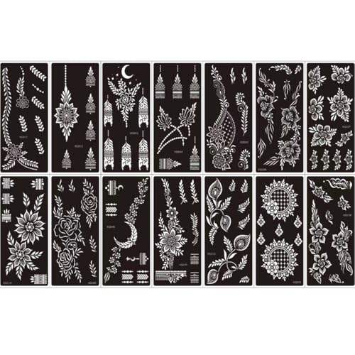 Xmasir Temporary Tattoos Stencils Kit 14 Sheets Flower Tattoos Template Airbrush Indian Hands Forearm Body Art Tattoos for Girls Women Wedding and Party