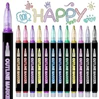 Hmeuest Glitter Pens, 12 Colours Outline Marker Pens, Metallic Glitter Pens with Double Line for Gift, Art Supplies, Scrapbook, Christmas Gifts for Teenage Girls