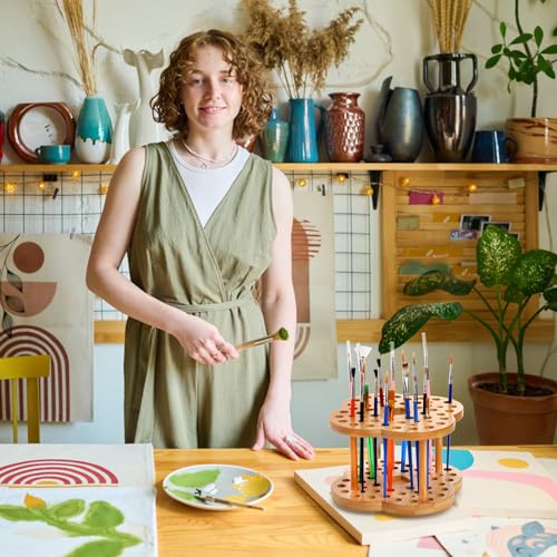 Foraineam FR-PAINTBRUSHHOLDER-2PC 2 Pack Rotating Paint Brush Holder 53 Holes Bamboo Display Drying Stand Artist Paint Brush Organizer Watercolor Brush Stand Rack Paint Brush Storage Art Supply Organizer thumb #5