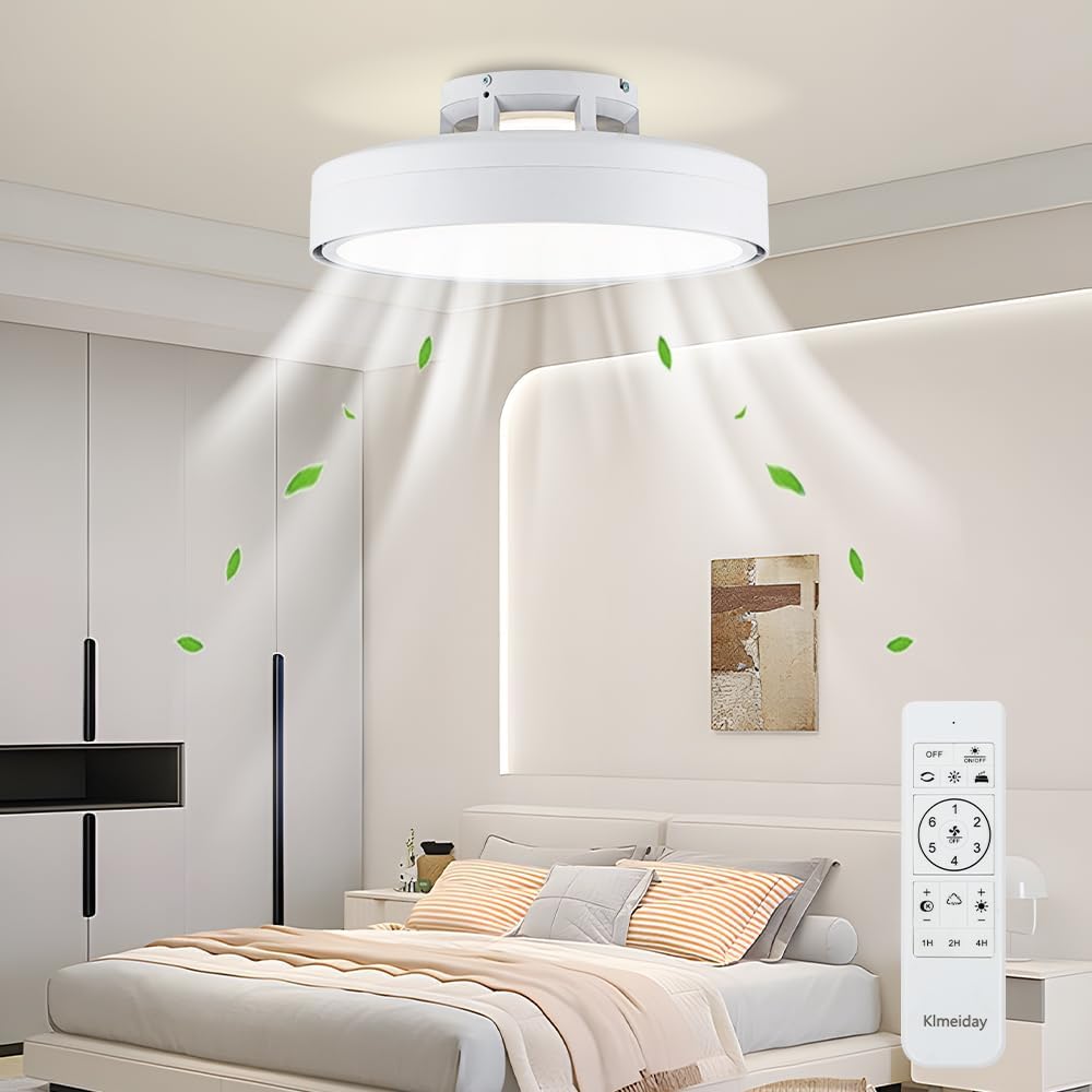 Ceiling Fans with Lights and Remote, Flush Mount Modern Bladeless Ceiling Fan with Light, 6 Speeds, Stepless dimming and CCT 3000K-6000K LED Lights for Bedroom, Study Room (White, 17.7?) White 17.7?