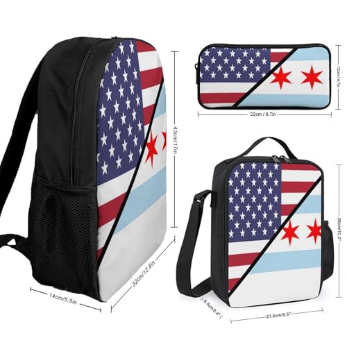 U.S. And Chicagos Flag Classic Backpack Lunch Bag Pencil Case 3 Piece Set Travel Daypack2