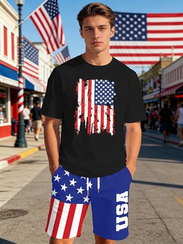 Image of Ithalt Patriotic Shirts for Men 4th of July Outfit 2 Piece Set Short Sleeve and Shorts American Flag 250th Anniversary