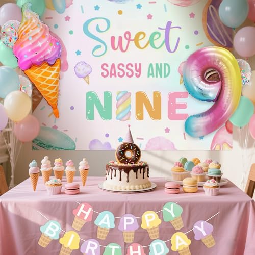 Image of Sweet Sassy and Nine 9th Birthday Decorations for Girls Ice Cream Balloons | 9 Year Old Girl Birthday Decorations Sweet Sassy and 9 Backdrop Ice Cream Banner 9th Birthday Balloon Party Supplies