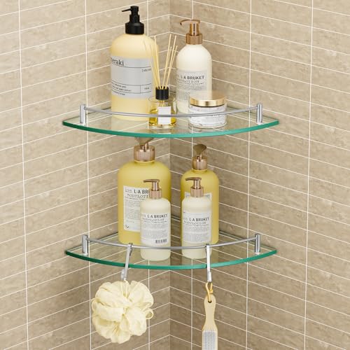 KES Glass Corner Shelf for Bathroom Corner Shelf 2 Pack Tempered Glass Shelf with Rail SUS 304 Stainless Steel Wall Mounted Brushed Finish, BGS2101A-2-P2