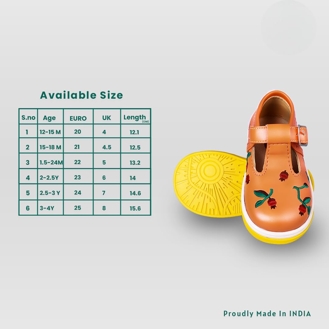 Naagu Kids' Floral T-Strap Shoes, Leather Upper with Rose Print (Saffron ORGANGE, UK Footwear Size System, Little Kid, Numeric, Medium, 8) 1