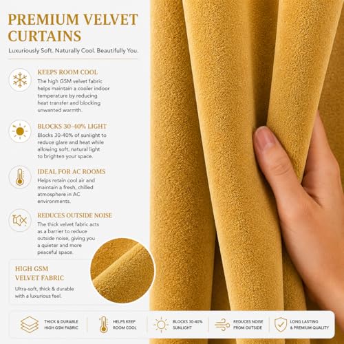 Image of Velvet Curtains | Heavy Soft Premium Velvet Drapes for Bedroom and Living Room | Semi Light Blocking, Thermal Insulated and Noise Reducing Window Panels | 5 Feet, Set of 2 (Mustard)