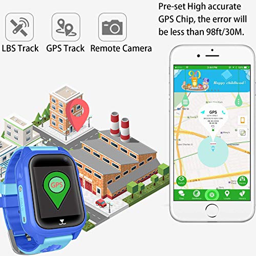 PTHTECHUS Kids Waterproof GPS Smart Watch for Boys Girls,Students Touch Screen Smartwatch with GPS Tracker Voice Chat One Key SOS for Help Clock Camera,Suitable for Childrens Aged 4-12, Blue