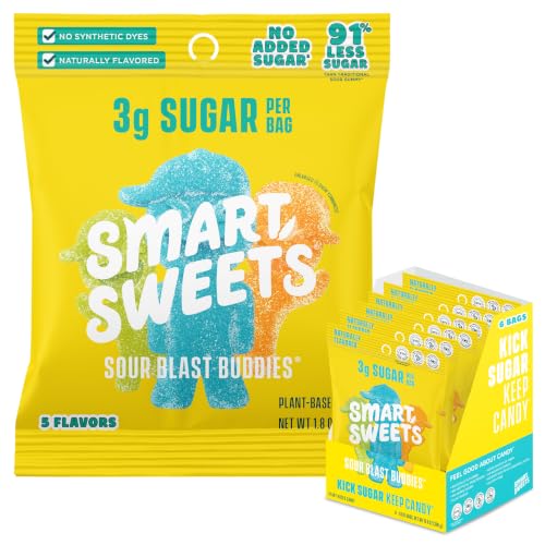 SmartSweets Sour Blast Buddies, Low Sugar Gummy Candy (3g), Low Calorie (130), Gluten-Free -1.8oz (Pack of 6) Packaging may vary