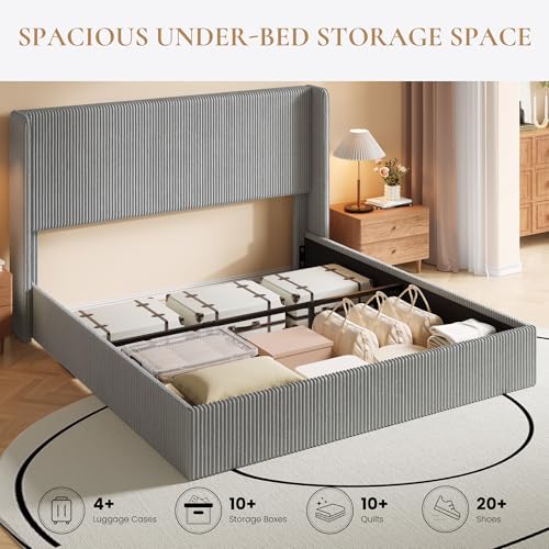 Image of SHA CERLIN King Lift Up Storage Bed Frame, Upholstered Corduroy, Grey