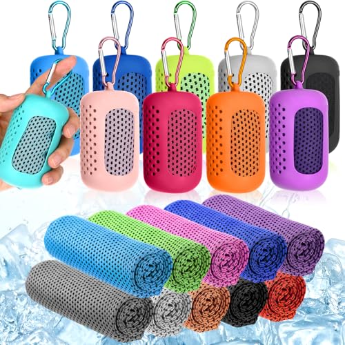 Peryiter 20 Pack Cooling Towels with Silicone Carry Cases Cooling Towels Bulk for Neck and Face Hot Weather Ice Towel Quick Drying Sweat for Sports Yoga Gym Running Fitness 10 Colors 35 x 12 Inches