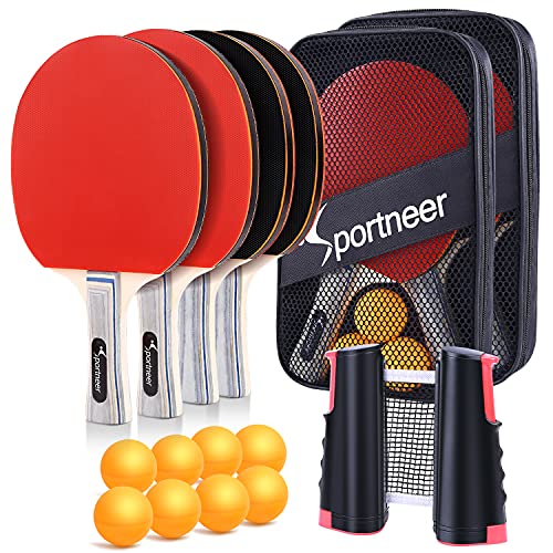 Ping Pong Paddles of 4, Sportneer Premium Table Tennis Paddles Equipment to-Go with 1 Retractable Net 4 Rackets 6 Balls 2 Storage Bag Portable Professional Ping Pong Paddle for Indoor or Outdoor Games