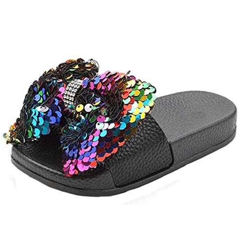HONGTEYA Girls Glitter Slides Slippers Black Sequin Bow Shoes for Kids Beach PVC Molded Footbed Flatform Sandals (13 M US Toddler, 20cm, 7.88inches, CN35,Color)