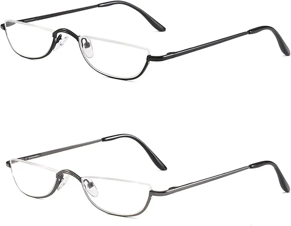 KoKoBin Half Reading Glasses - 2 Pairs Half Rim Metal Frame Glasses Spring Hinge Readers for Men and Women, Black+Gunmetal 2.50
