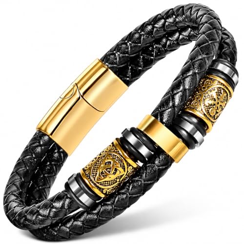 Enjoy Risingsun Viking Leather Bracelet For Men Balck Cool Handmade Stackable stainless steel Jewelry Faith and Courage Bangle Bracelets Gifts for Men Son Dad