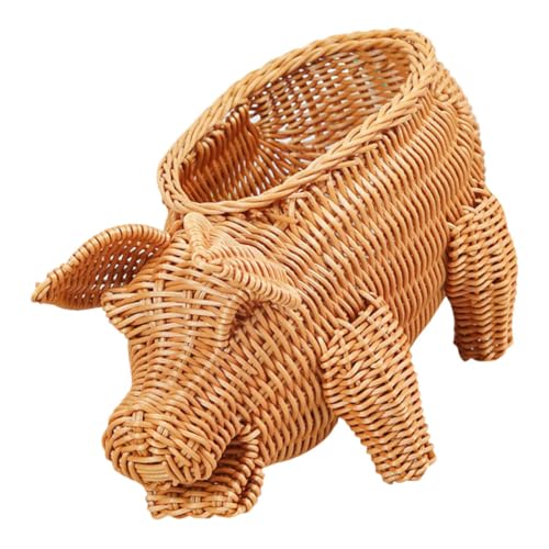 HOODANCOS Adorable Pig Organizer Small Wicker Basket Fruit Baskets for Kitchen Imitation Rattan Holder Snacks Bread Holder