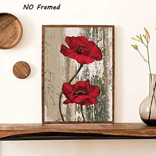 Bacjuopldart Red Poppy Wall Art Canvas Rustic Red Flower Pictures For Bathroom Farmhouse Poster Prints Red Poppies Print For Walls Vintage Wooden Painting For Kitchen Home Decor 16X24Inch Frameless Poster thumb #5