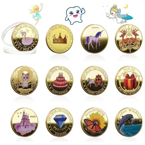 Palwin 12 Piezas Monedas del Hada de los Dientes, Moneda de Hadas, Diente Perdido Niños Regalos, Tooth Fairy Coin, Regalos de Monedas de Dientes para Niños y Niñas
