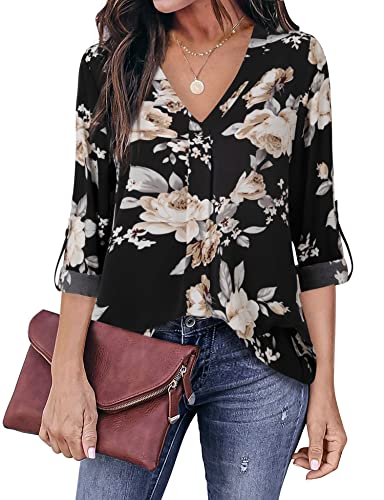 Youtalia Floral Chiffon Blouse, Ladies Casual Chiffon 3/4 Cuffed Sleeve V Neck Floral Blouse Tops Multicolor Black X-Large #TOP1