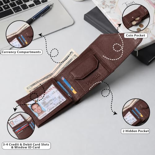 Image of VEMILIO Men's Vegan Leather Wallet for Men | Edge Cut Slim Bi-Fold Gents Purse | Stylish Wallet with Coin Pocket | 3 Card Slots | ID Window & 2 Currency Compartments (Brown)