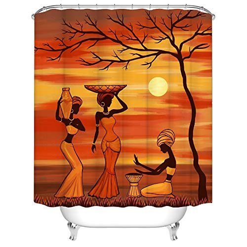Rnnjoile African Woman Shower Curtain Set Traditional African Girls Labouring Under Sunset Tree Curtain African Custom Fabric Bathroom Decor With Hooks 72"X72" Inches Yellow Burnt Orange #TOP5
