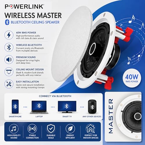 Image of Powerlink Bluetooth Ceiling Speaker 9 inch (Master) Wireless 40W - Frameless Flush Mount Design, Built-in Amplifier, Magnetic Detachable Grill, 2-Way Stereo Sound Ideal for Home,Office, Gym & Kitchen.
