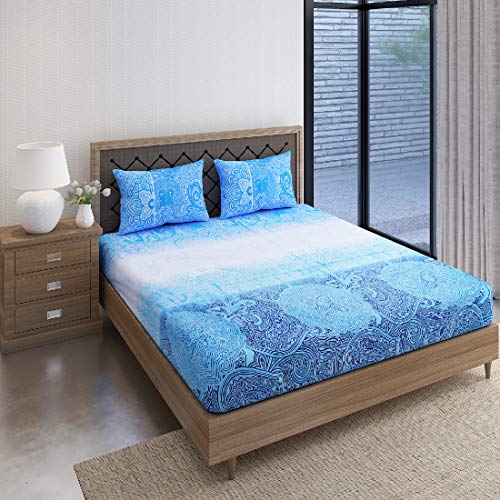 Image of Swayam Pure Cotton Double Bedsheet with 2 Pillow Covers | Size 90 x 100 inch | 160 TC | Ethnic Motifs Design | Soft Breathable Bed Sheet | Comfortable & Durable for Bedroom - Blue