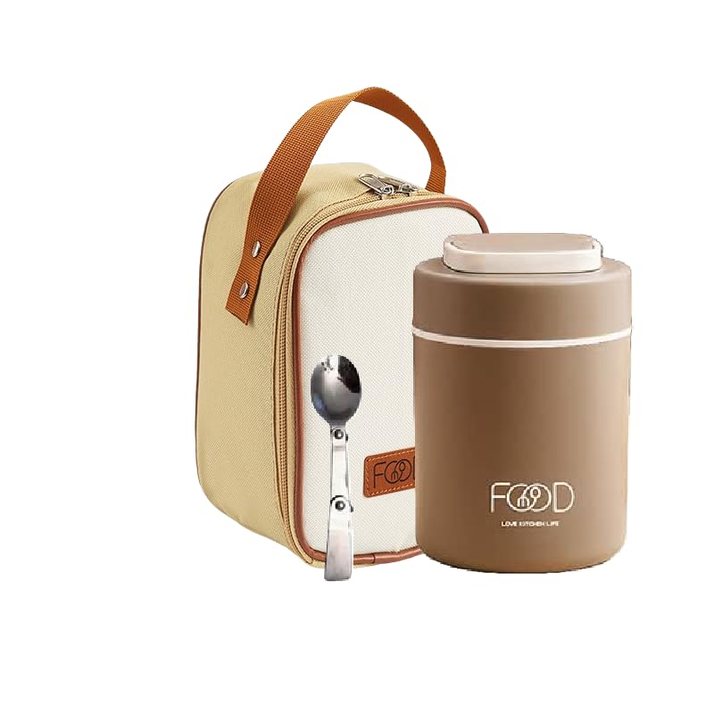 Termo Para Comida 520 ml de Acero Inoxidable - Aislamiento al Vacío - Ideal para Niños y Adultos - Mantiene Alimentos Calientes y Fríos - Con funda térmica y cuchara (Marron)