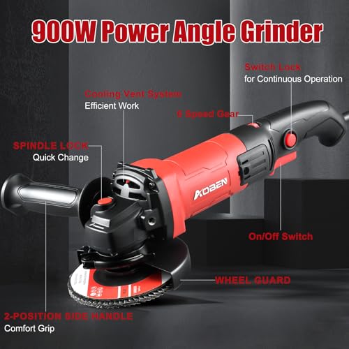 Image of AOBEN 900W Angle Grinder 4-1 /2 inch | 7.5Amp, 11000 RPM, 6-Speed Corded Electric Cut off Tool with Switch Lock | for DIY & Metal Cutting, Grinding & Polishing