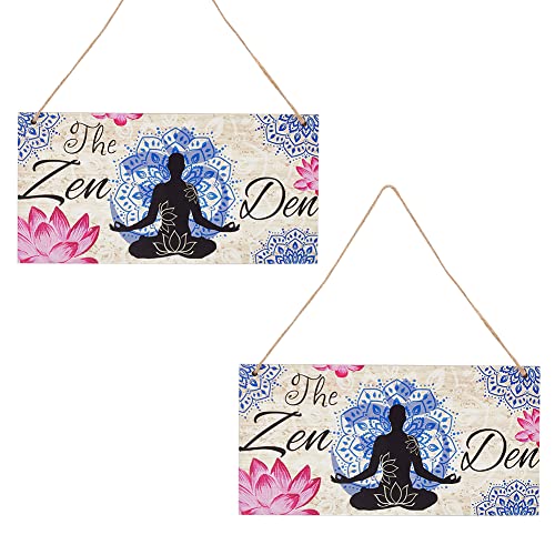 NBEADS 2 Sets Zen Den Lotus Wood Plaque Decor with Hanging Jute Twine, Yoga Sign Wall Art for Zen Room Meditation 30x15cm