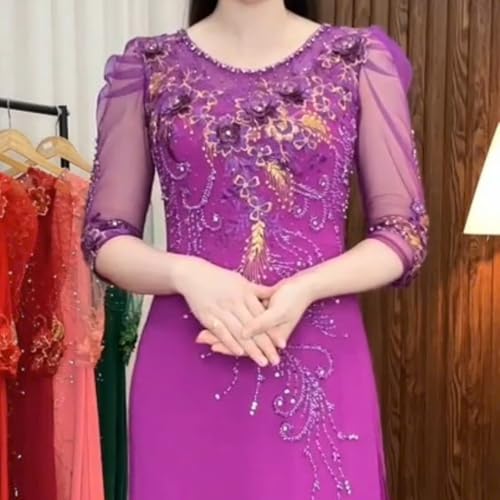 Vietnamese Evening Ao Dai, Round Neck, Beaded, Modified Ao Dai Party Dress2