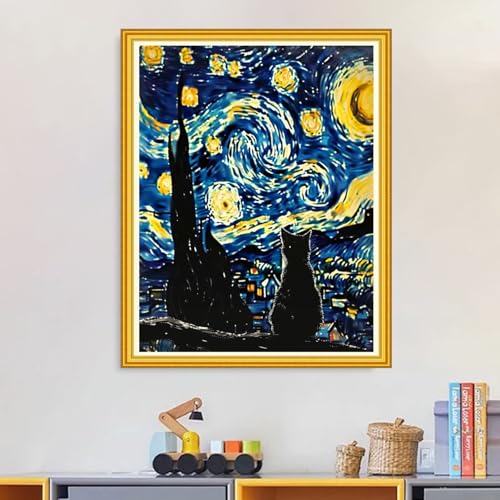 Image of Magxvouy Cross Stitch Kits Stamped Full Range of Embroidery Kits,Cross Stitch Patterns Needlework Kits for Beginners 11CT Printed Kits&Van Gogh Starry Cat 16x20 inch