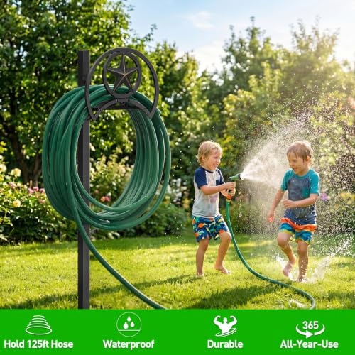 Image of GOFORWILD Garden Hose Holder, Star Decorative, Durable Wall Hose Hanger, Hose Reel, Holds 125-Feet of 5 /8-Inch Hose, Made of Gauge Steel
