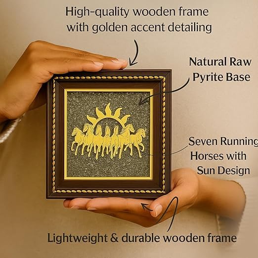 White Aura Vastu Store Pyrite Stone Frame with Vastu Seven Running Horses with Sun to Attract Money | Protection and Chakra Healing - Wooden Photo Frame Wall Decor Items for Living Room 1
