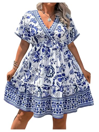 Image of Floerns Women's Plus Size Summer Vacation Wrap V Neck Short Sleeve Ruffle Hem A Line Hawaiian Short Dress