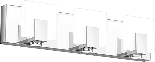 SOLFART Luces de tocador de baño sobre espejo 3 luces modernas cromadas lámparas de baño de acero inoxidable acrílico sombra