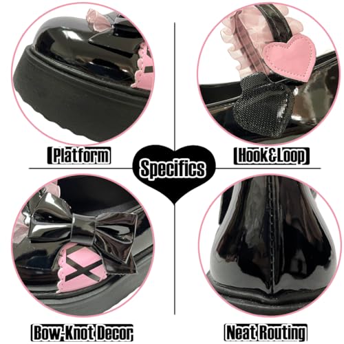 Women Harajuku Y2K Kawaii Goth Lolita Round Toe Chunky Heels Pink Lace Bow-Knot Decor Platform Mary Jane Shoes2