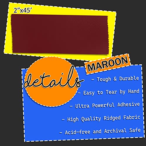 Maroon Bookbinding Tape, Maroon Cloth Book Repair Tape for Bookbinders, Maroon Fabric Hinging Tape, Craft Tape, 2" Inches by 45' Feet, Acid Free and Archival Safe Tape for Crafts & Book Repair