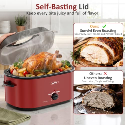 Image of Sunvivi 30QT Roaster Oven with Self-Basting Lid, Countertop Roaster Cooker | Self-Basting & Glass Viewing Lid, Removable Pan, 150-450F Temp Control, for Baking Slow Cook Defrost Warm Turkey Up to 30lb