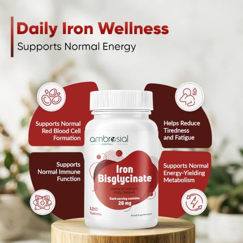 Image of Ambrosial Iron Bisglycinate 28mg High Strength Tablets | High Absorption Iron Supplement for Tiredness and Fatigue for Women and Men | Pack of 1-120 Veg Tablets
