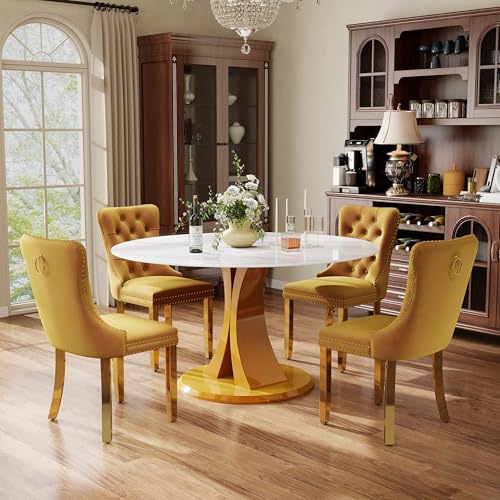 Image of 5-Piece Dining Table Set with 47In Faux Marble Table and 4 Velvet Upholstered Chairs, Modern Scandinavian Furniture for Dining Room Kitchen(Yellow&Gold)